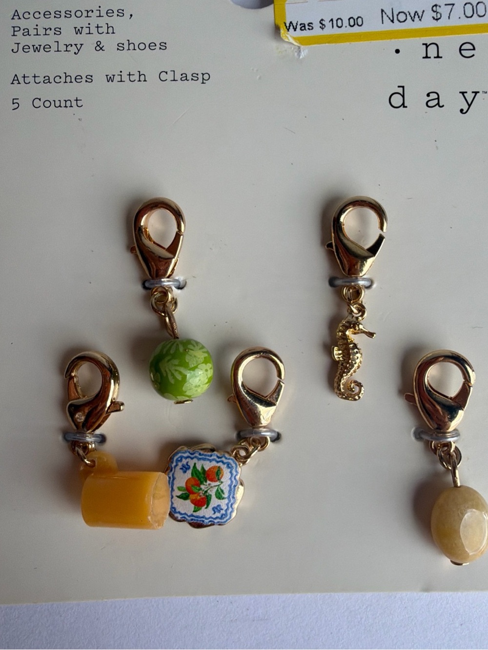 a new day Gold Charm Clips with Green Bead & Yellow Accents
